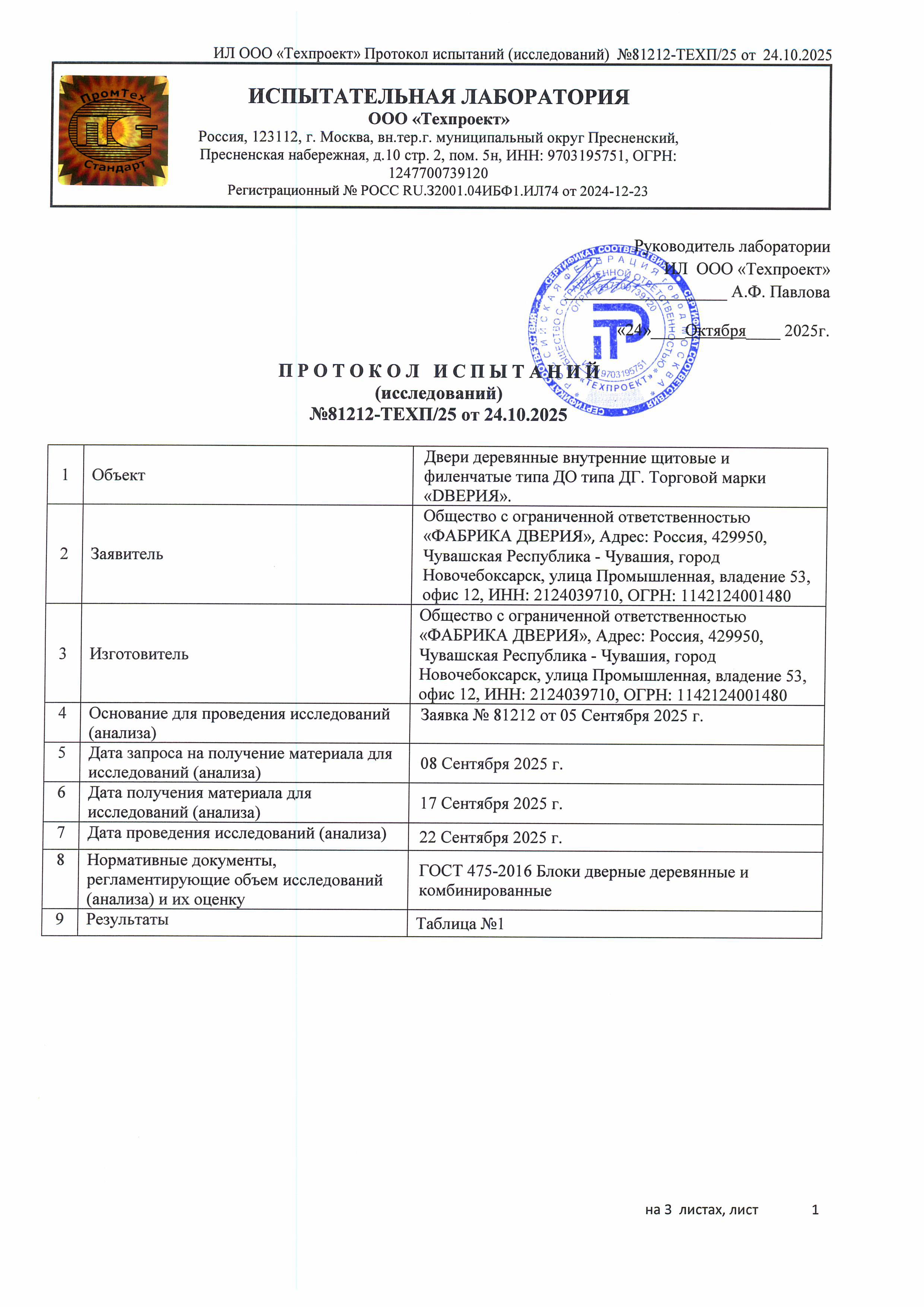 Протокол испытаний